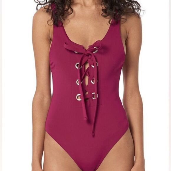 Mara Hoffman $245 Desa Lace-Up One-Piece Swimsuit in RED - Picture 4 of 7